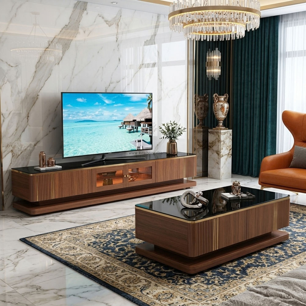 Ensemble meuble TV et table basse contemporain en bois sombre et verre noir – Image 2