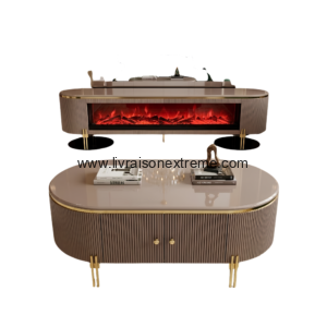 Ensemble meuble TV avec cheminée électrique intégrée et table basse ovale contemporaine