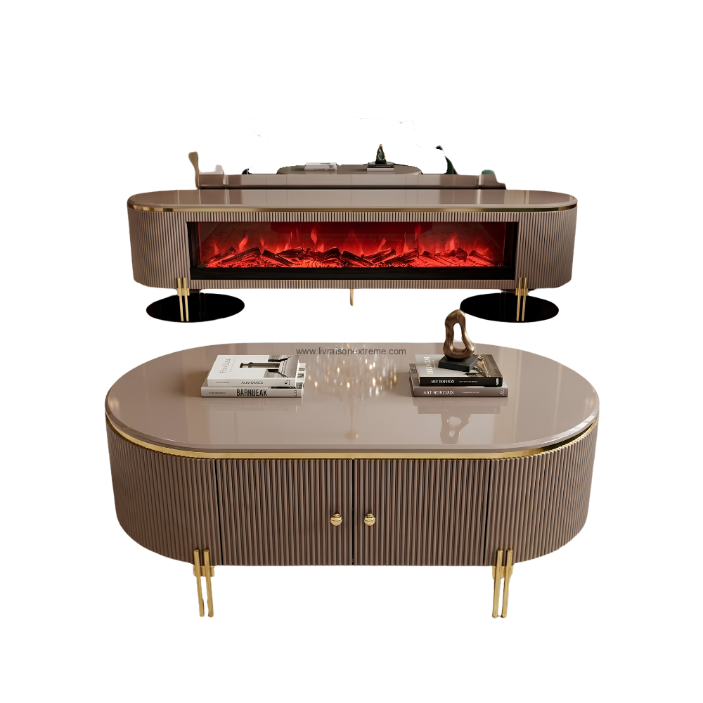 Ensemble meuble TV avec cheminée électrique intégrée et table basse ovale contemporaine