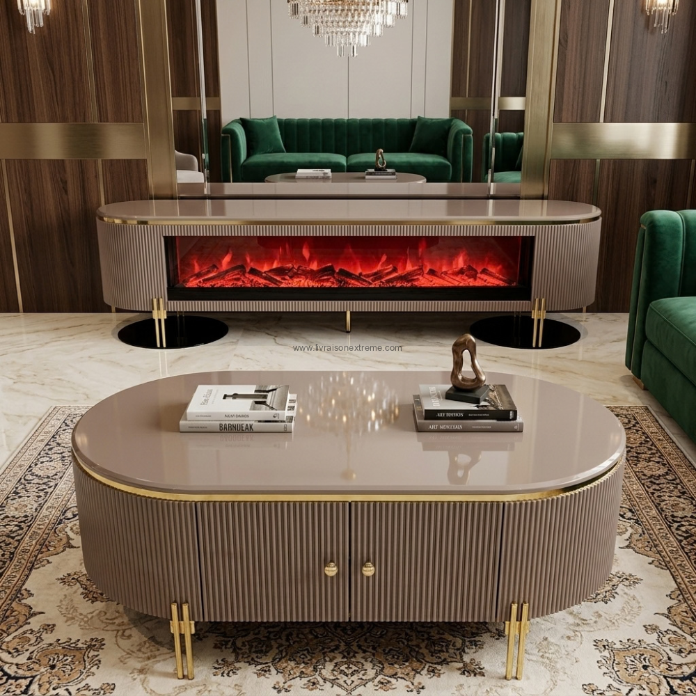 Ensemble meuble TV avec cheminée électrique intégrée et table basse ovale contemporaine – Image 2