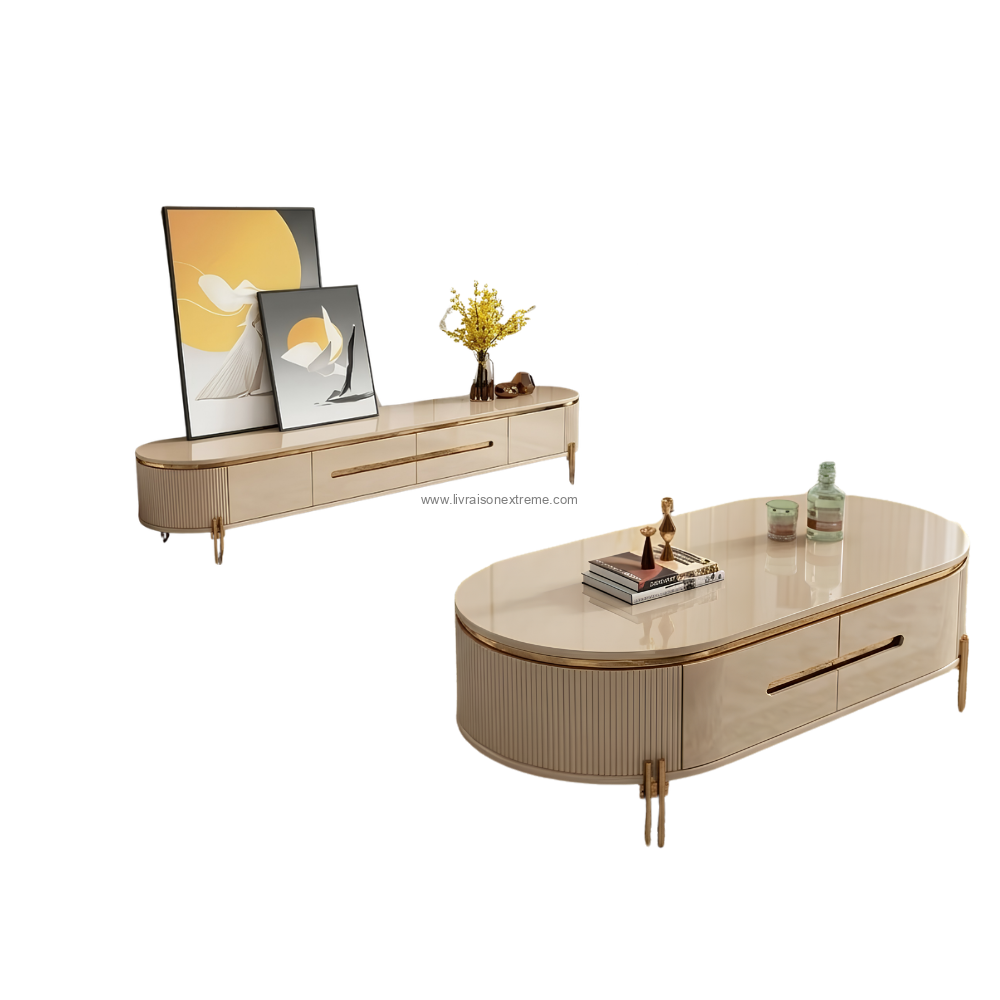 Ensemble meuble TV et table basse ovales de luxe contemporain
