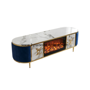 Meuble TV moderne avec cheminée électrique, effet marbre et velours bleu