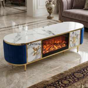 Meuble TV moderne avec cheminée électrique, effet marbre et velours bleu