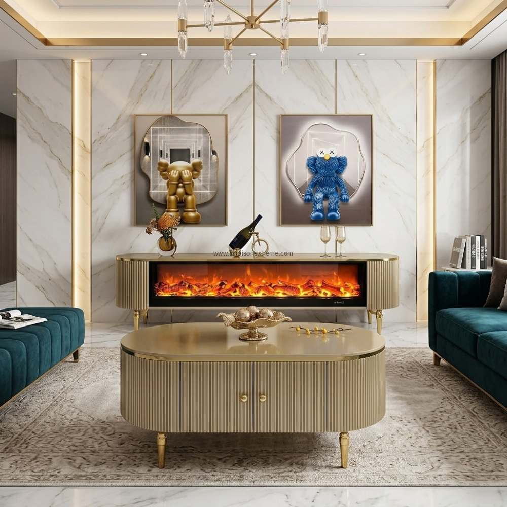 Ensemble meuble TV avec cheminée électrique intégrée et table basse de luxe – Image 2